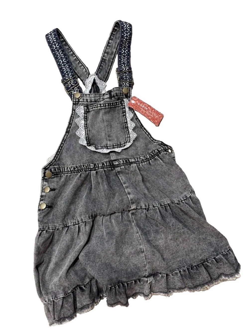 Boho-style snow-washed denim overall pinafore dress/romper featuring distinct wh